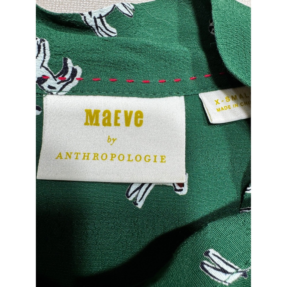 Maeve Anthropologie Green Dog Print Ruffle Tie Neck Blouse XS Short Sleeve Top - Picture 4 of 10